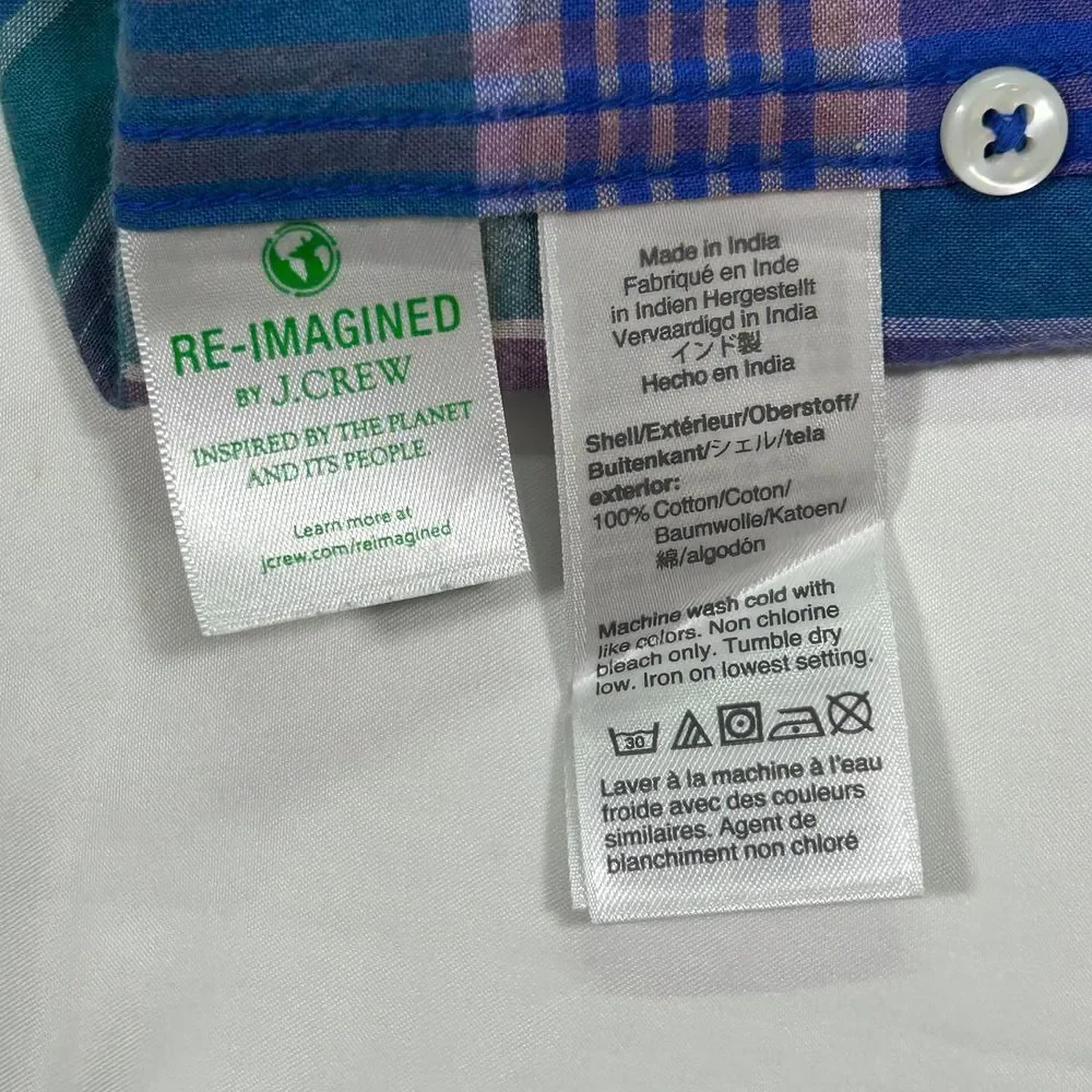 J.Crew Indian Madras Button-Down Plaid Shirt Blue Green Check Long Sleeve Mens L